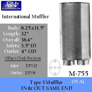 Type 3 Oval Muffler 8.25" x 11.5" x 32" 3.5" IN-4" OD OUT (M-755) Type 3 Oval Muffler 8.25" x 11.5" x 32" 3.5" IN-4" OD OUT (M-755)