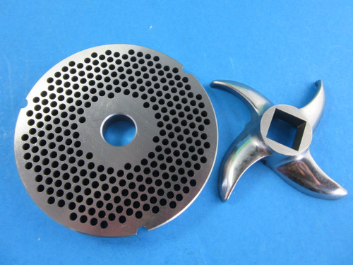#42 x 3/16" holes for typical hamburger grind. Plus, a new sharp stainless steel meat grinder knife.