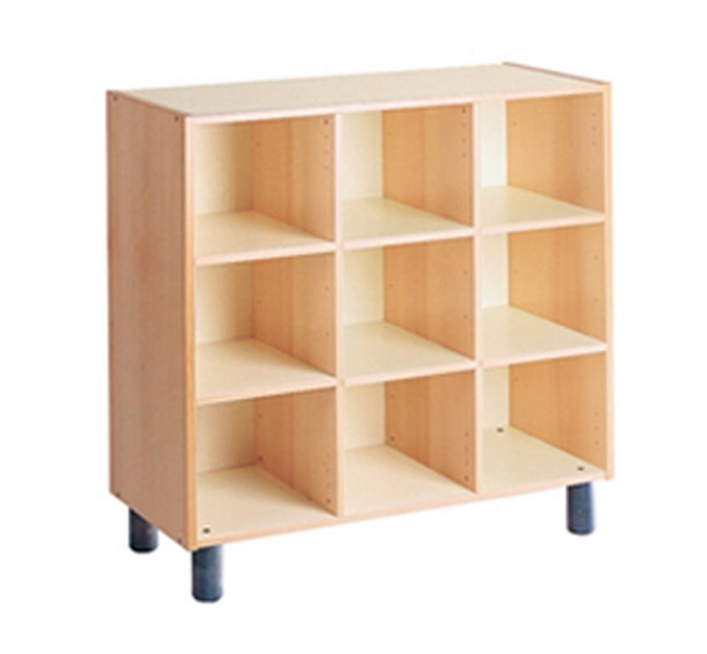 Cabinet with 9 compartments can be used as locker, each compartment is 30x30x41 cm, note the cabinet comes with adjustable wooden beechwood feet or castors