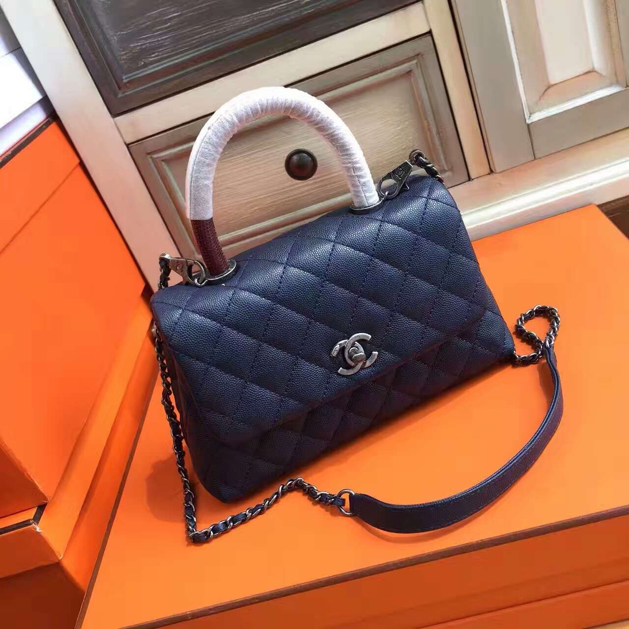 Chanel Blue Calfskin/Lizard Coco Handle Small Bag - Bella Vita Moda