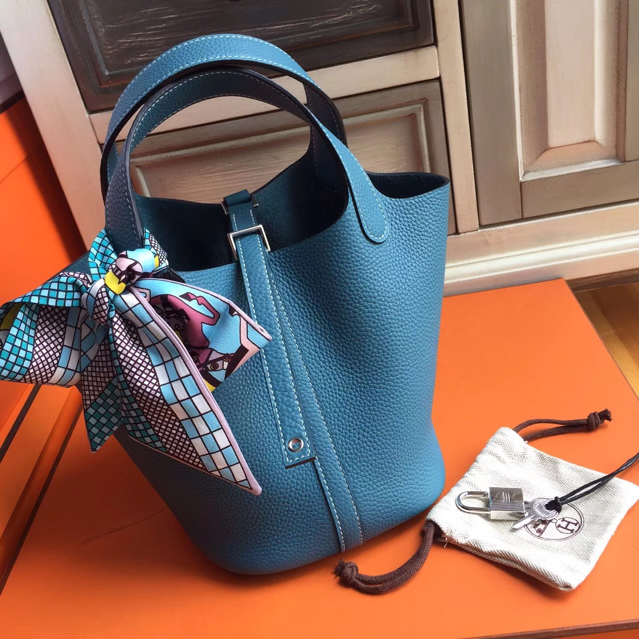 Hermes 75 Blue Jean Picotin Lock 18 Togo Leather Bag ...