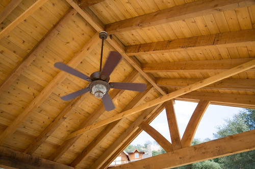 Looking up at the 3x8 rafters and 1x6 tongue and groove roof decking, 17x17 pavilion size, Maple Stain color option, Copperopolis, CA Looking up at the 3x8 rafters and 1x6 tongue and groove roof decking, 17x17 pavilion size, Maple Stain color option, Copperopolis, CA