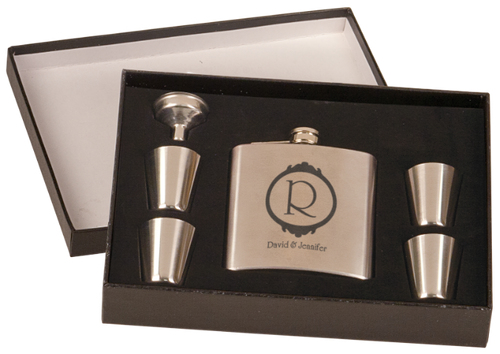 Stainless Steel Flask Set in Black Box w/4 Shot Glasses & Funnel