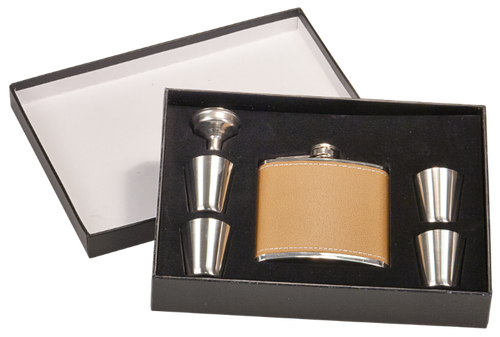 Leather Flask Set in Black Presentation Box w/4 Shot Glasses & Funnel