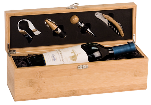 Genuine Bamboo Single Wine Presentation Box with 4 Tools