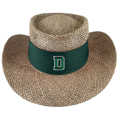 Straw sun hat with green band around the base with green 'D' outlined in white. Straw sun hat with green band around the base with green 'D' outlined in white.