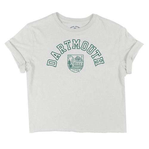 White women's crop tee with cuffed sleeves, arched green 'Dartmouth' and Dartmouth shield logo. White women's crop tee with cuffed sleeves, arched green 'Dartmouth' and Dartmouth shield logo.