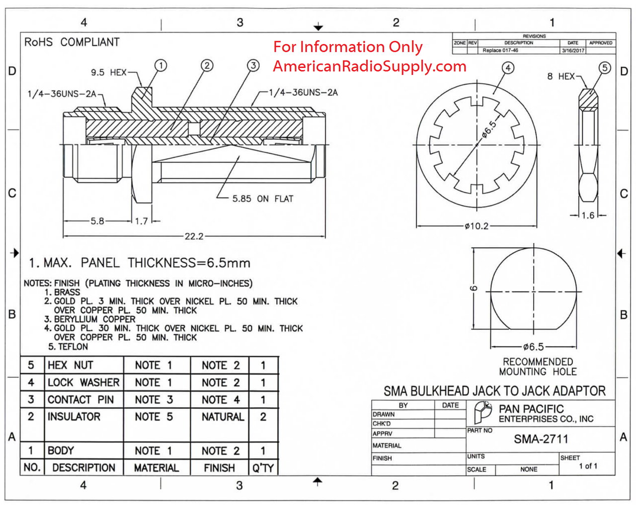 SMA Female Feed Through Bulkhead Coaxial Connector SMA 2711 produkty-italux