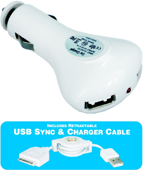 USB 2 Port Car Charger 2.1 Amp with Retractable Apple Sync Cable USB 2 Port Car Charger 2.1 Amp with Retractable Apple Sync Cable