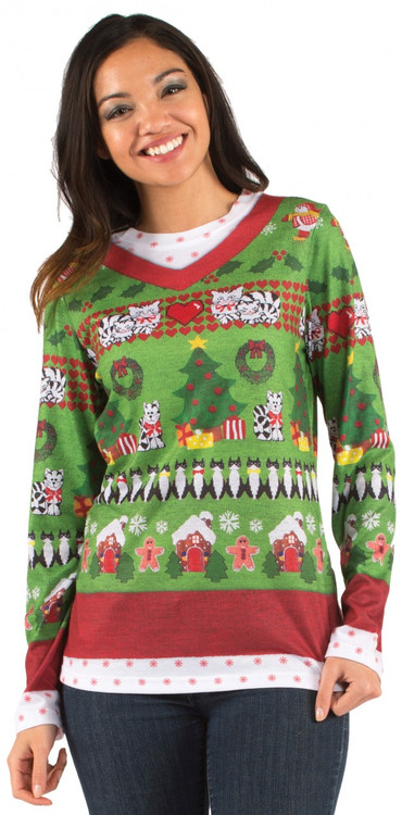 Faux Real Ladies Ugly Christmas Sweater Front View