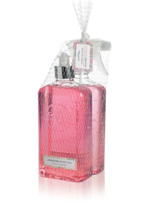 Pink Kitchen Soap and Surface Cleaner bottles packaged together in netting