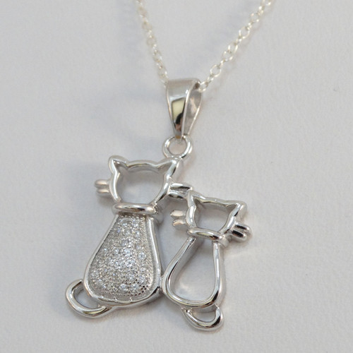 Sterling Silver Two Sitting Cats Necklace