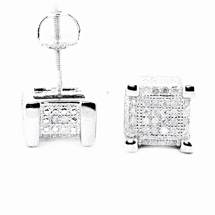Mens Hip Hop 0.3CTTW Diamond Cube Earrings Silver Bling Earrings