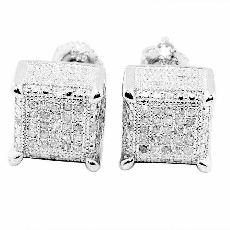 8.82mm Wide Cube Earrings 0.3cttw Diamonds Pave Set Silver