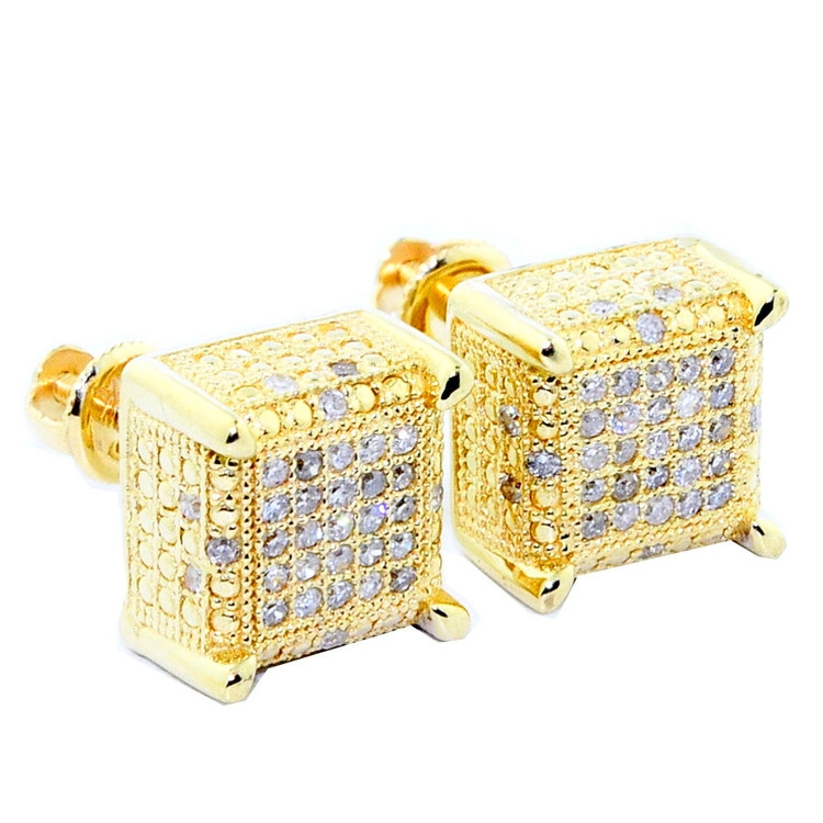 10K Yellow Gold Diamond Earrings 9mm Cube Shaped 0.3cttw