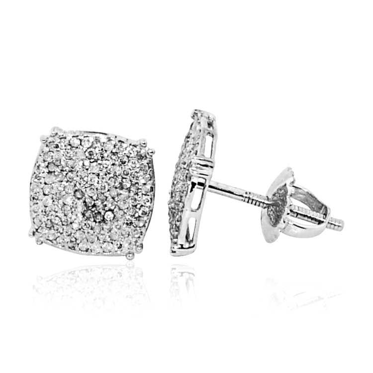Mens 0.3CTTW Diamond Domed Concave Earrings 10K White Gold