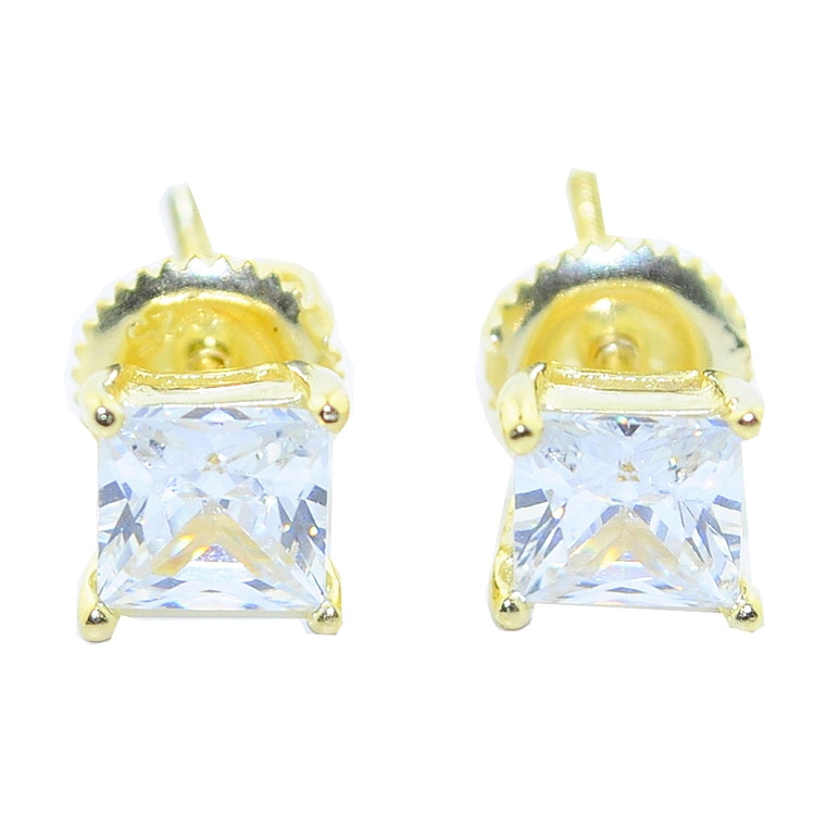 6.5MM Simulated Diamond Iced Out Silver Princess Cut Gold Earrings