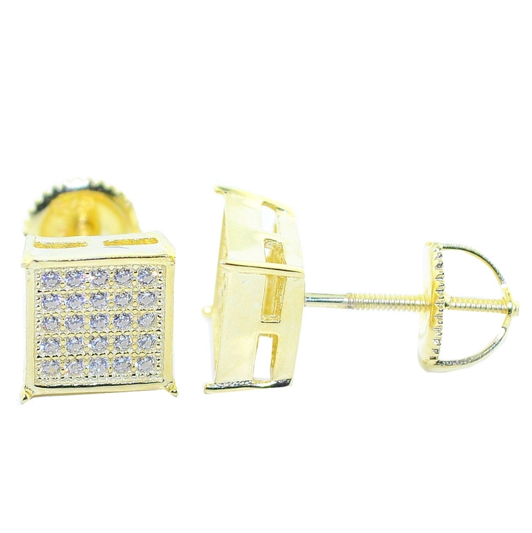 8MM Wide CZ Iced Out Studs Gold Tone Silver Square Shaped