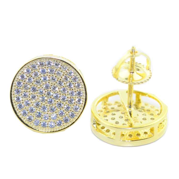 12.5MM Hip Hop Cz Earrings Yellow Gold / Silver Pave Round