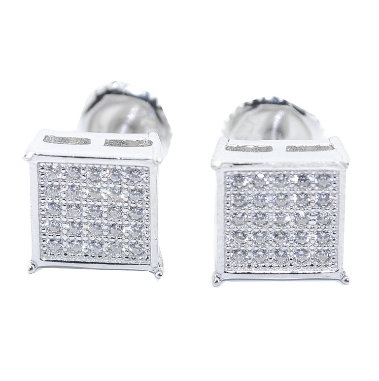 8MM Wide Cz Hip Hop Bling Earrings Silver Pave Square