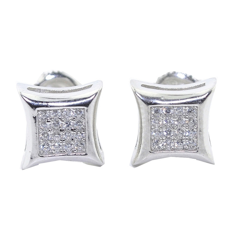 Mens Bling 9MM Wide CZ Stud Earrings Silver Kite Shaped