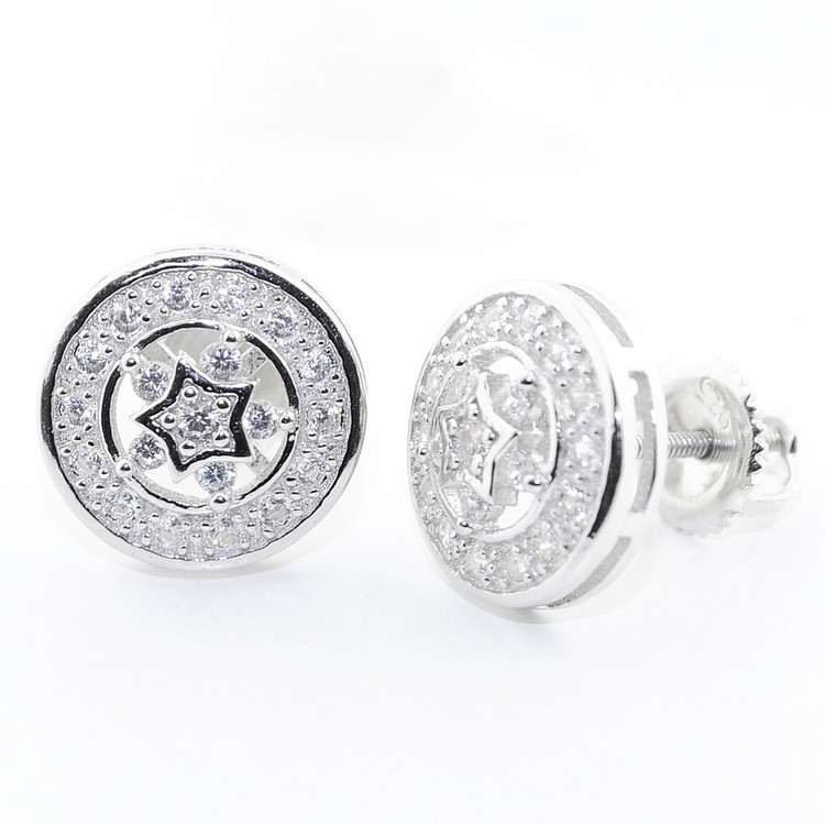 11MM Iced Out Simulated Diamond Bling 925 Silver Super Star Round Earrings