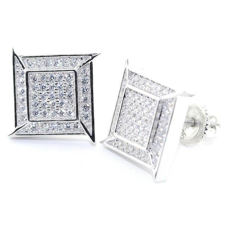 Mens Hip Hop 12MM Wide Diamond Cz Stud 925 Sterling Silver Earrings