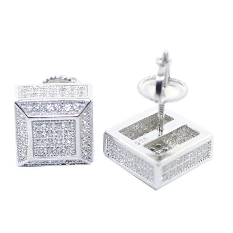 10MM Simulated Diamond .925 Silver Cube Shaped Iced Out Earrings