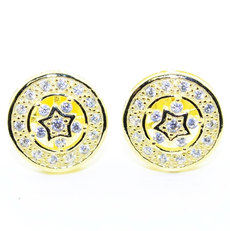 Mens Hip Hop Superstar Stud 11MM 14k Yellow Gold Cluster Cz Earrings