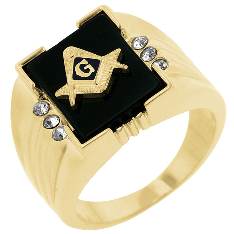 Men's 18k Gold Onyx Masonic Iced Out Ring