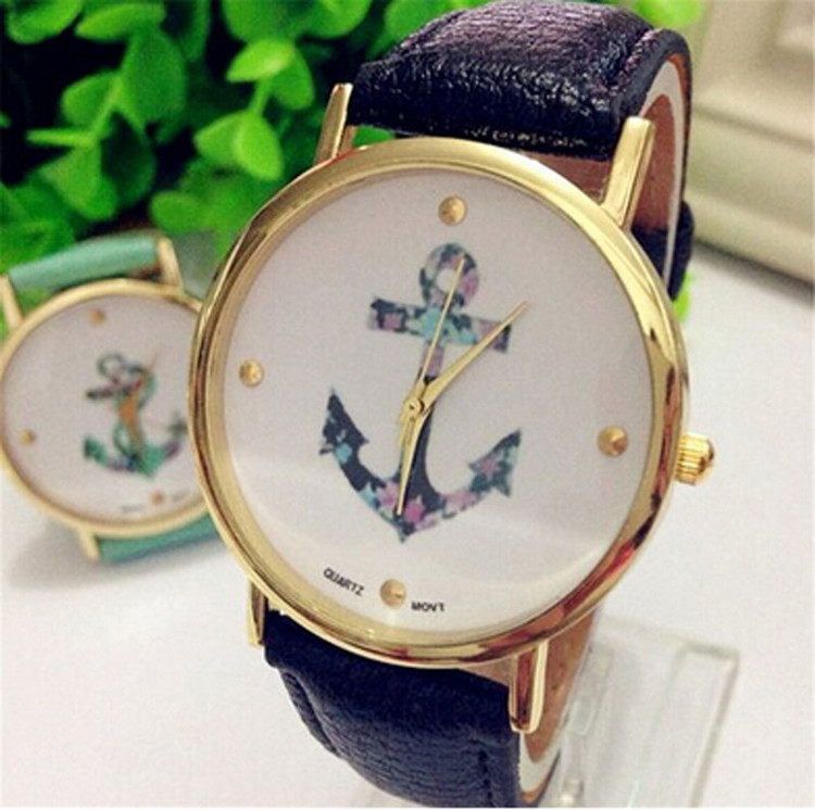 Ladies Vintage Flower Watch Anchor Leather Watch Black