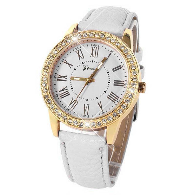 Bling Gold Crystal Women Luxury Leather Strap Quartz Wrist Watch