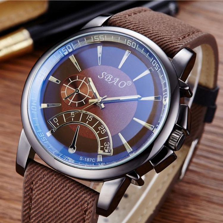 New Fashion Men's Leather Band Stainless Steel Watch