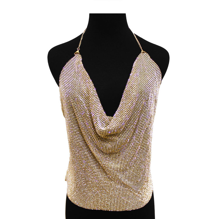 Ladies Mesh Halter Top Backless Body Chain Blouse Gold