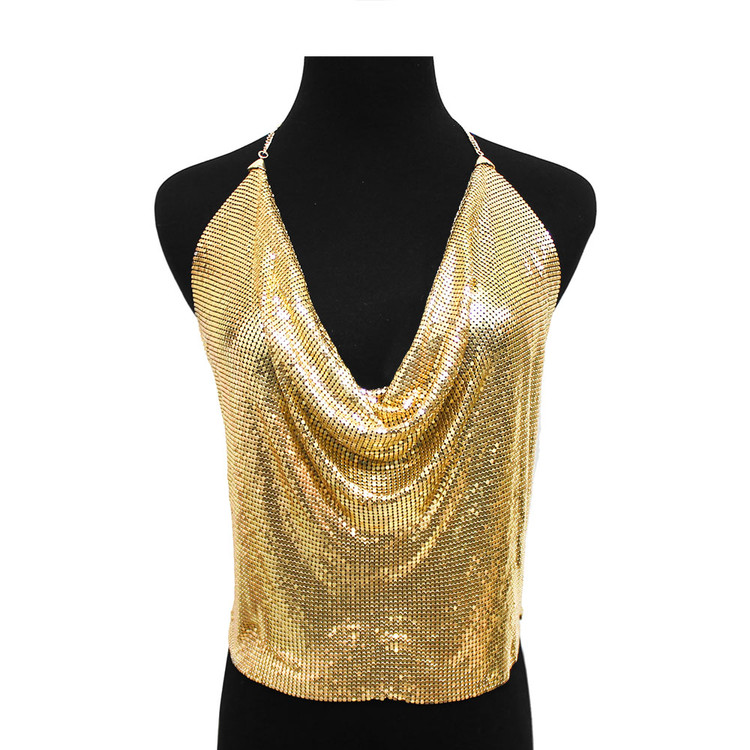 Ladies Mesh Halter Backless Body Chain Blouse Gold