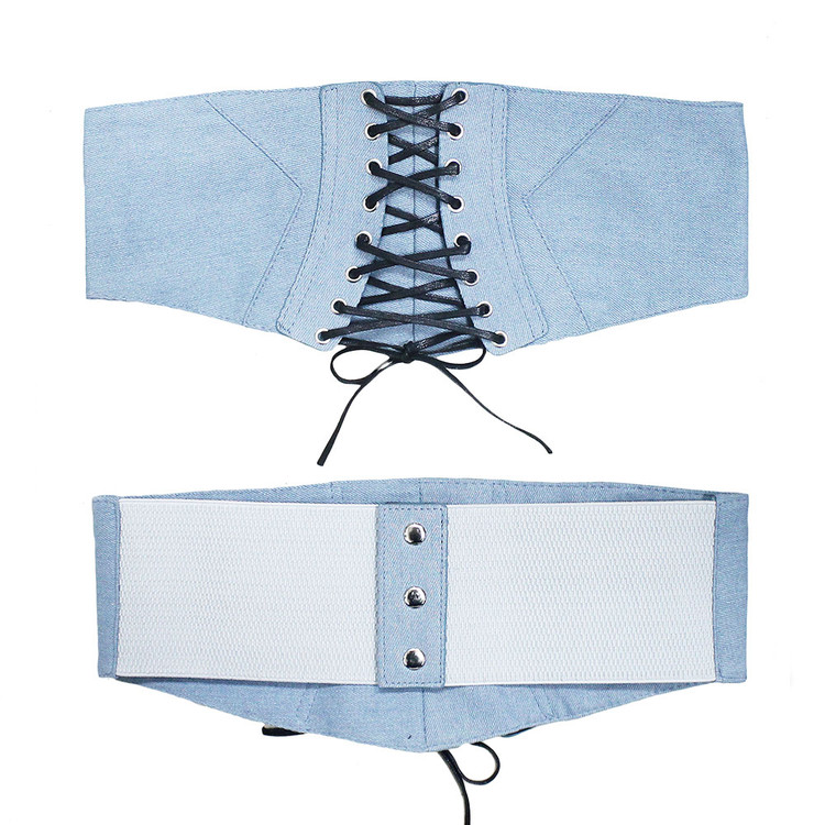 Ladies Denim Lace Up Corset Over Shirt Belt Blue