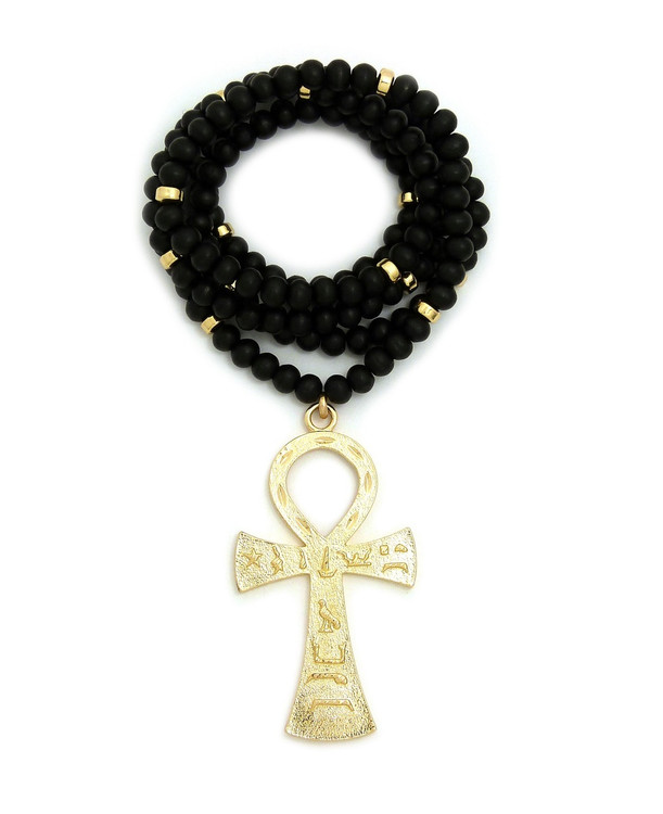 14k Gold Original Ankh Cross Hieroglyphics Pendant Beaded Chain
