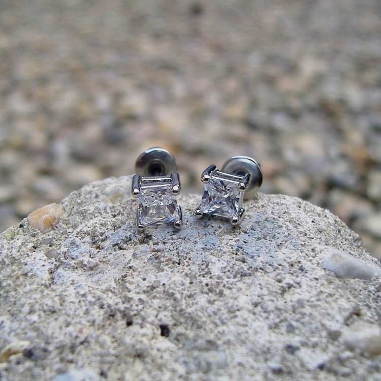 4mm Princess Cut Sterling Silver Earrings