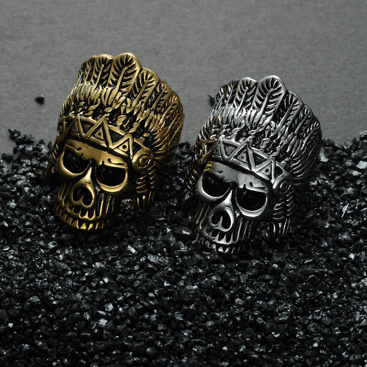 The Chief Feather Crown Skeleton Skull Titanium Stainless Steel Tribal Ring