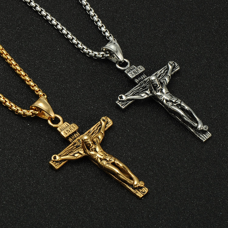 Mens Stainless Steel INRI Crucifix Jesus Piece Cross Necklace Pendant