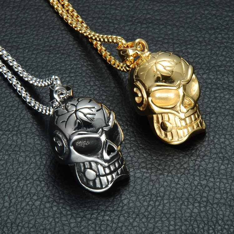 Mens Biker Skull 14k Gold Stainless Steel Motorcycle Chain Pendants