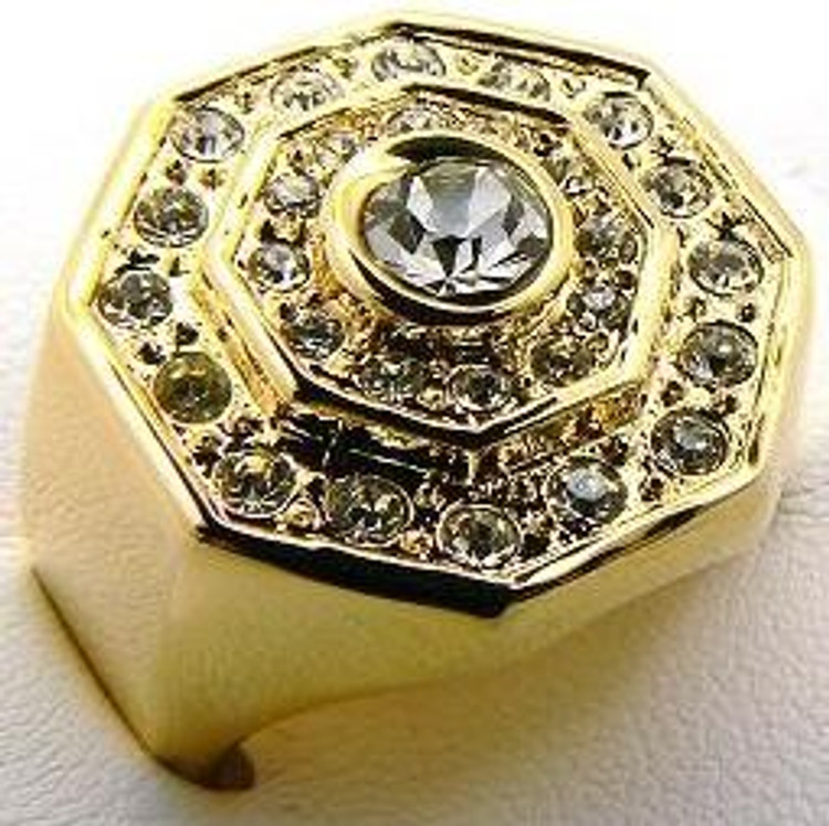 Men's Raised Center Stone Iced Out Diamond Cz Rings Gold