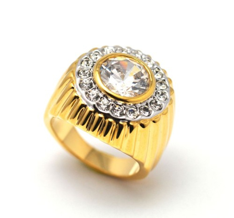 Men's Gold Bling Big Diamond Cz Center Stone Iced Out Ring