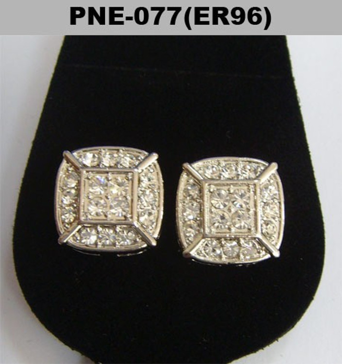 Squared Center Rhodium Silver 3D Bling Iced Out Earrings