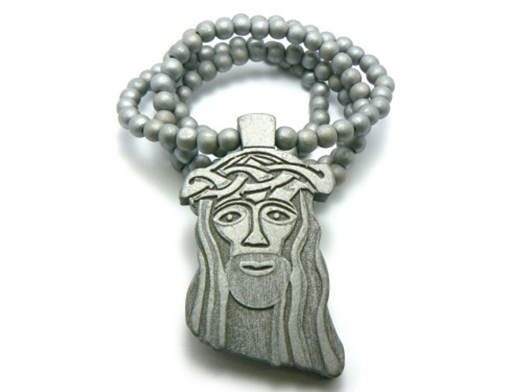 Wood JESUS Piece Hip Hop Pendant 32" Beaded Chain Silver