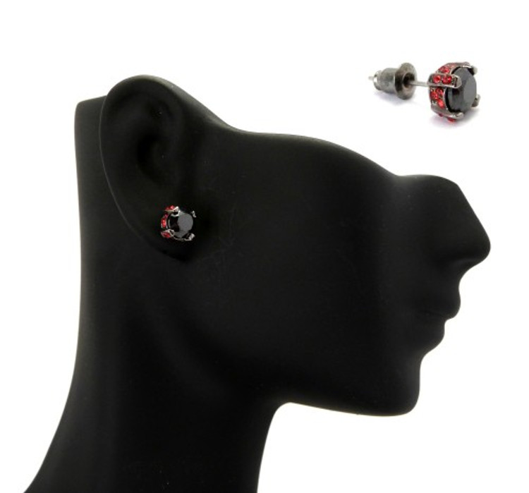 6mm Black & Red Stone Black Hematite Iced Out Earrings