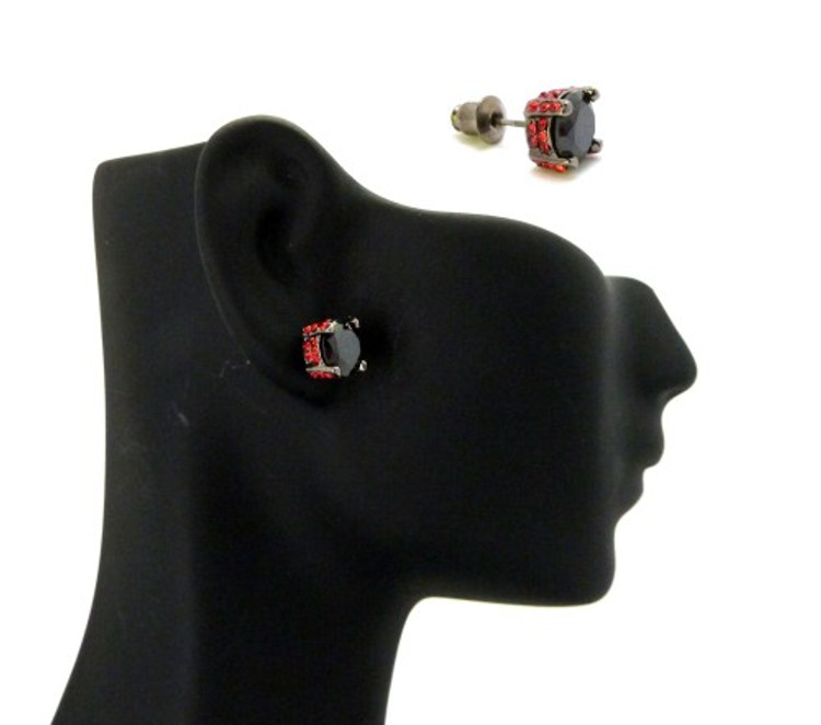 7mm Black & Red Stone Black Hematite Iced Out Earrings
