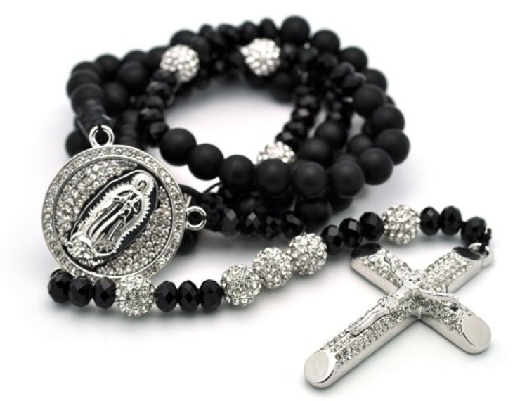 Rhodium Silver Disco Ball Beaded Rosary Cross Pendant