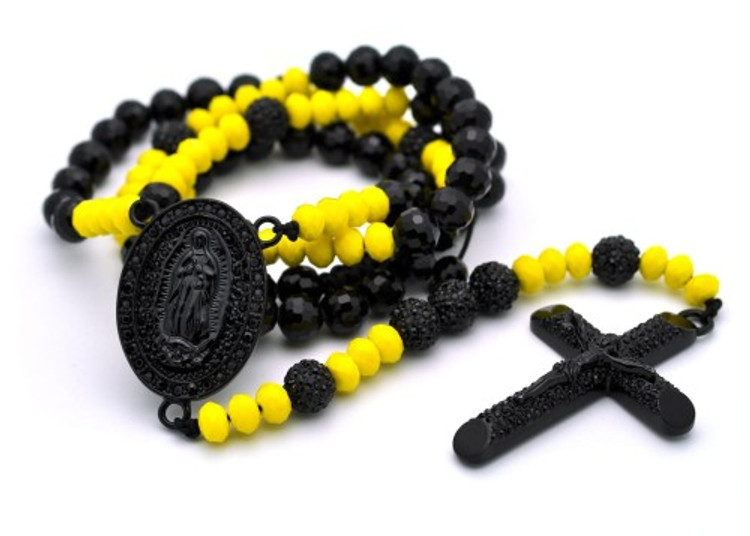 Black & Yellow Disco Ball Beaded Rosary Cross Pendant
