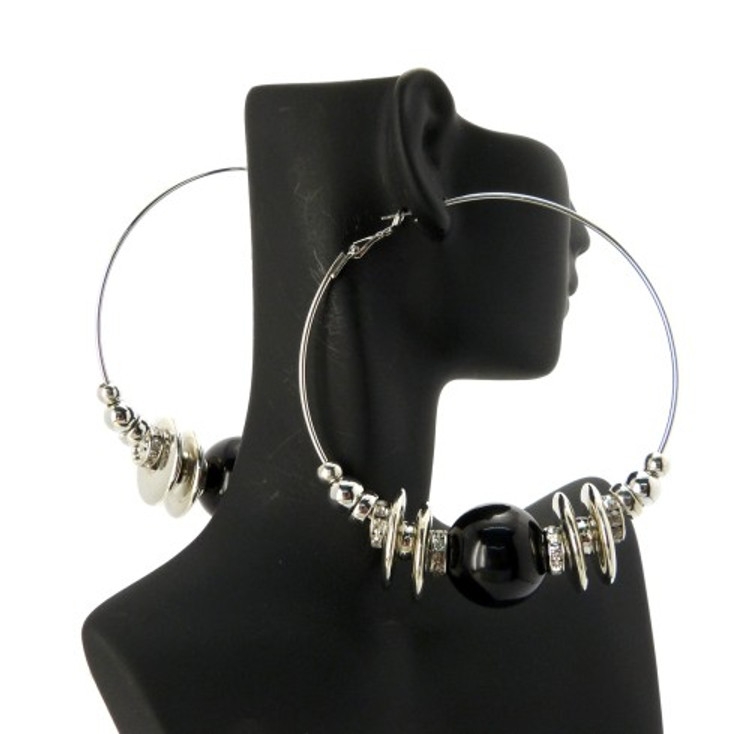 Cz Rhodium Silver Black Bead Basketball Wives Earrings